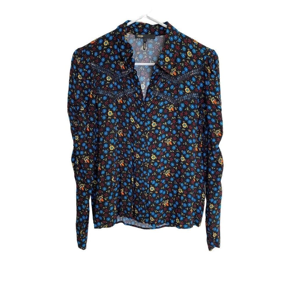 Maje Womens Collard Long Sleeve Button Down Shirt Size Size 1 Floral Black
